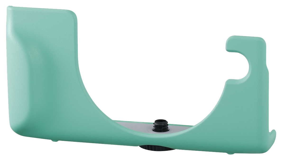 A teal camera accessory, with a curved shape and a screw. It has a hook-like design.