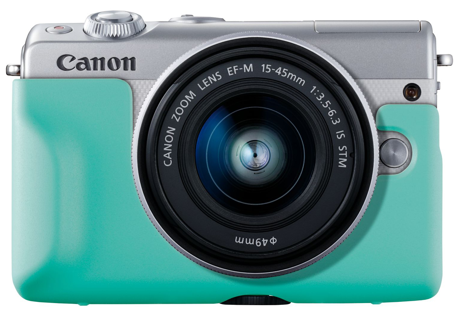 A Canon camera with a silver body and a turquoise grip. The lens is black, and the camera has several buttons.