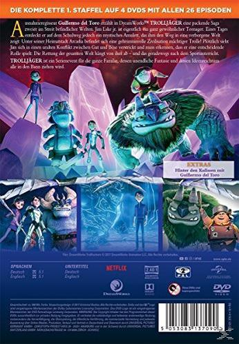 DVD-Cover der Zeichentrickserie Trolljäger mit Charakteren und Text auf Deutsch.