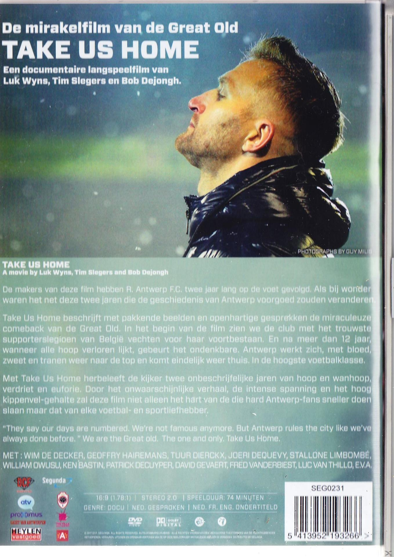 Dos du boîtier DVD, Take Us Home. Texte et image d'un homme regardant vers le haut. Fond gris.