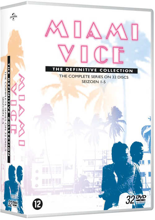 Coffret DVD de Miami Vice avec un fond de palmiers.