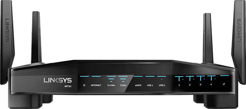 Fekete Linksys router antennákkal. Kék lámpák jelzik az aktivitást. Fekete háttér.
