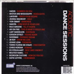 CD-hoes met zwarte achtergrond. Witte tekst aan de rechterkant: Acoustic Dance Sessions. Songtitels en artiesten staan vermeld.