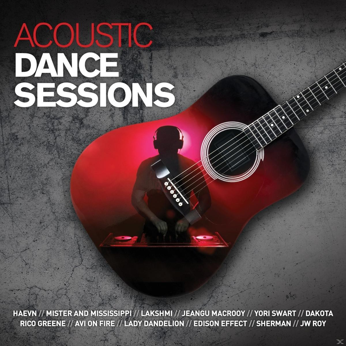 Acoustic Dance Sessions grafiek. Gitaarvorm met DJ-silhouet. Rode en zwarte tonen met artiestennamen onderaan.