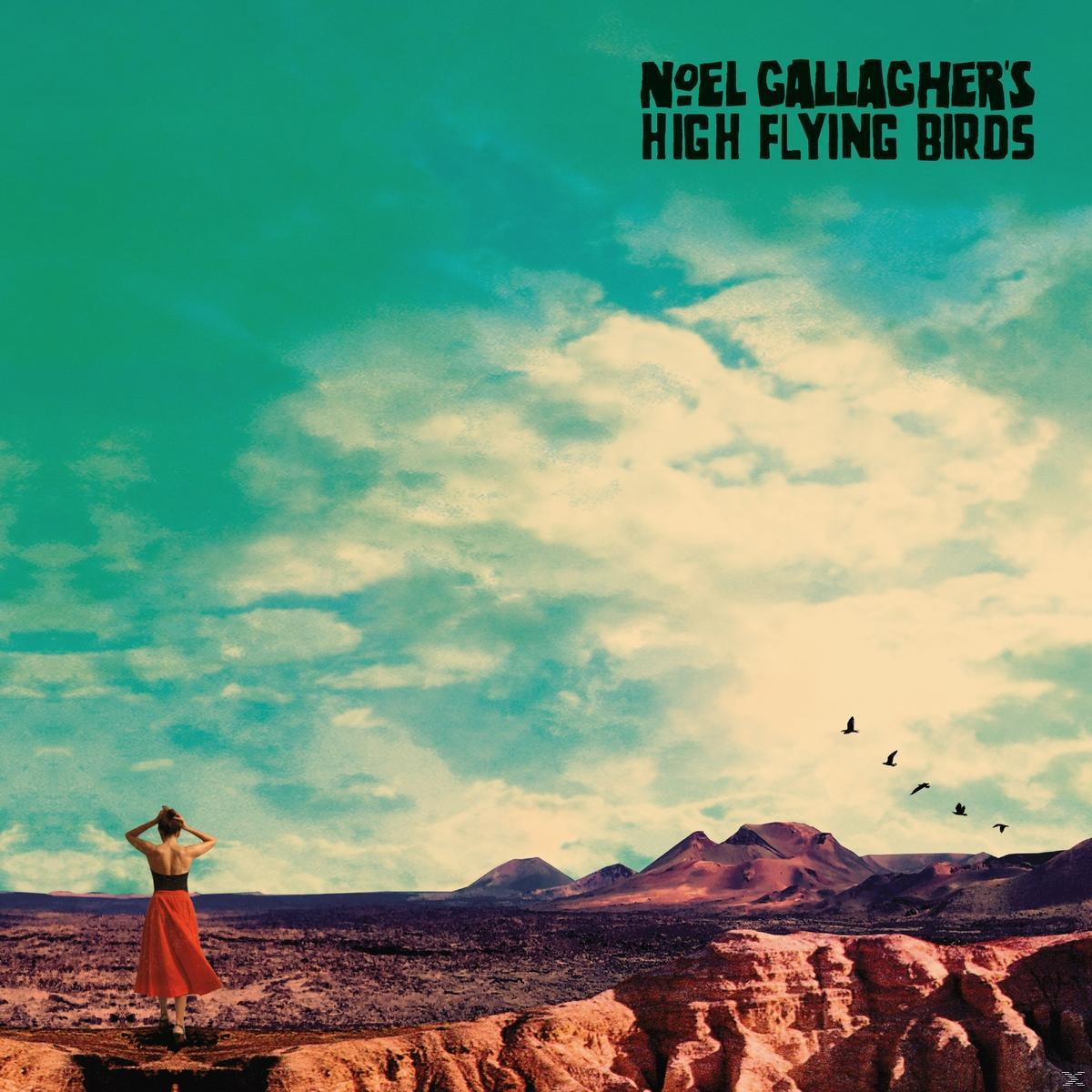 Albumhoes, Noel Gallagher's High Flying Birds. Een vrouw in het rood staat voor een kleurrijke hemel en bergen.