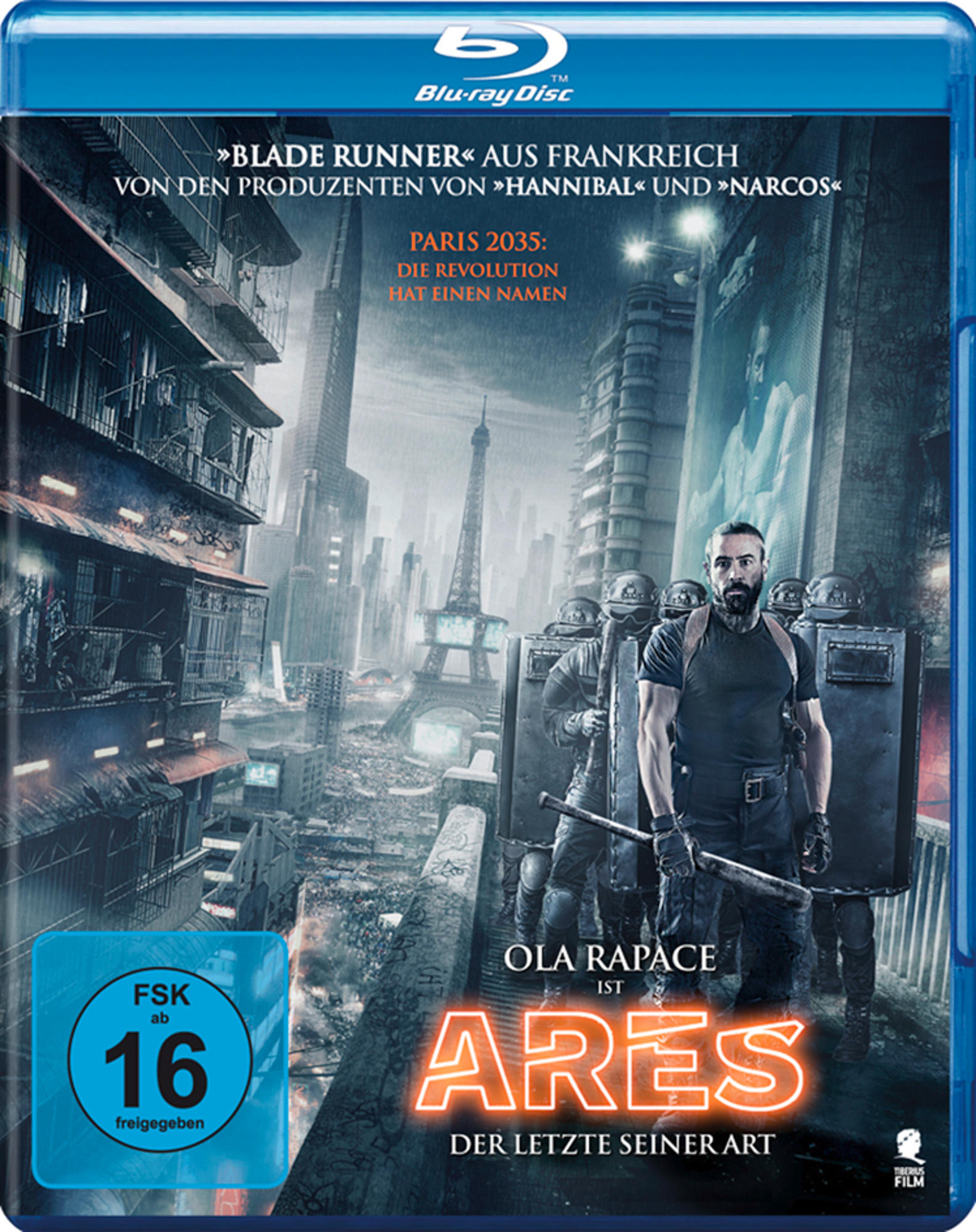 Filmcover: Futuristische Stadtlandschaft, Soldaten mit Schilden, Eiffelturm, Text 'ARES', 'Blade Runner' Bezug.
