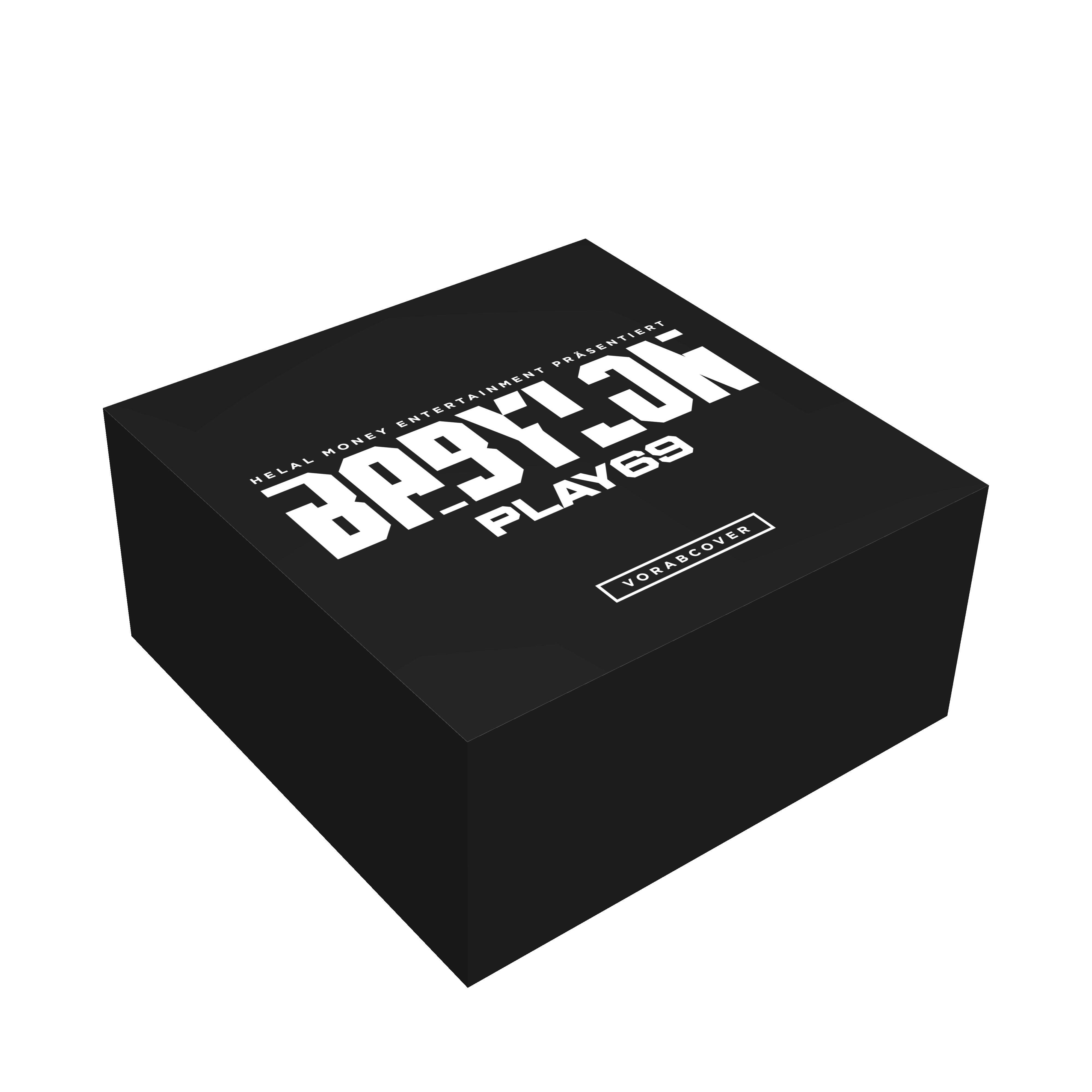 Eine schwarze Box mit weißem Text: BP9Y13H, PLAY69 und VORABCOVER.