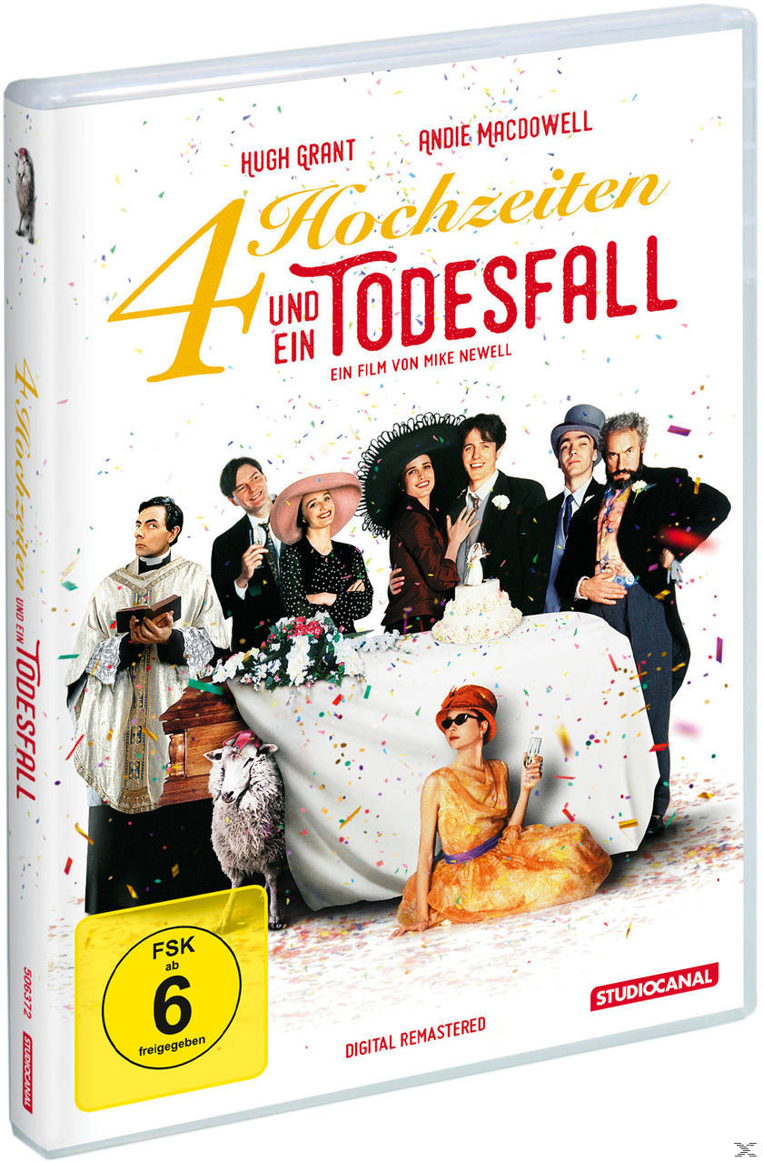 DVD-Cover des Films 'Vier Hochzeiten und ein Todesfall', mit Schauspielern und Text auf Deutsch.