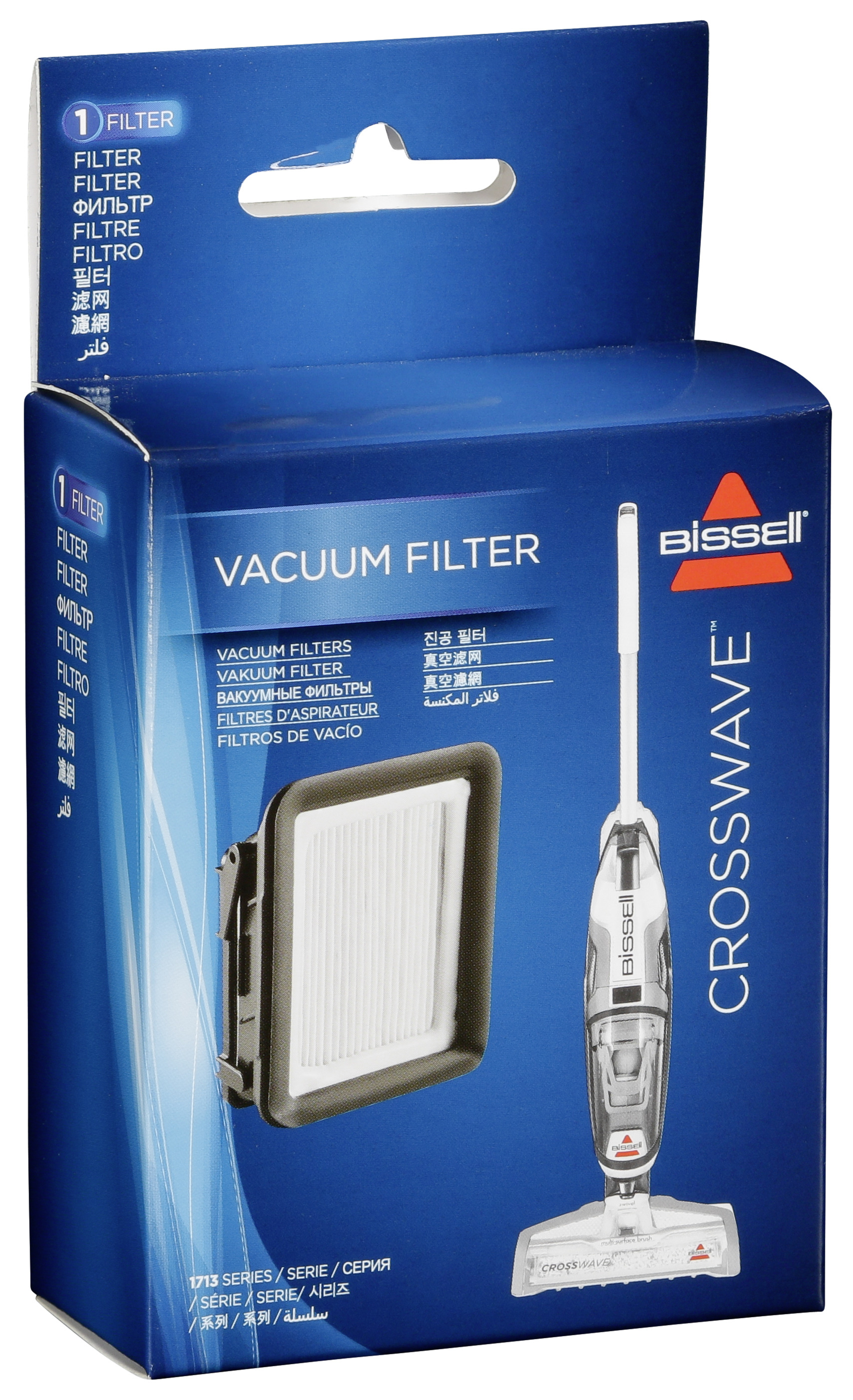 Vakuumfilterbox mit Filter. Weißer Hintergrund. Staubsaugerbild auf der Box.