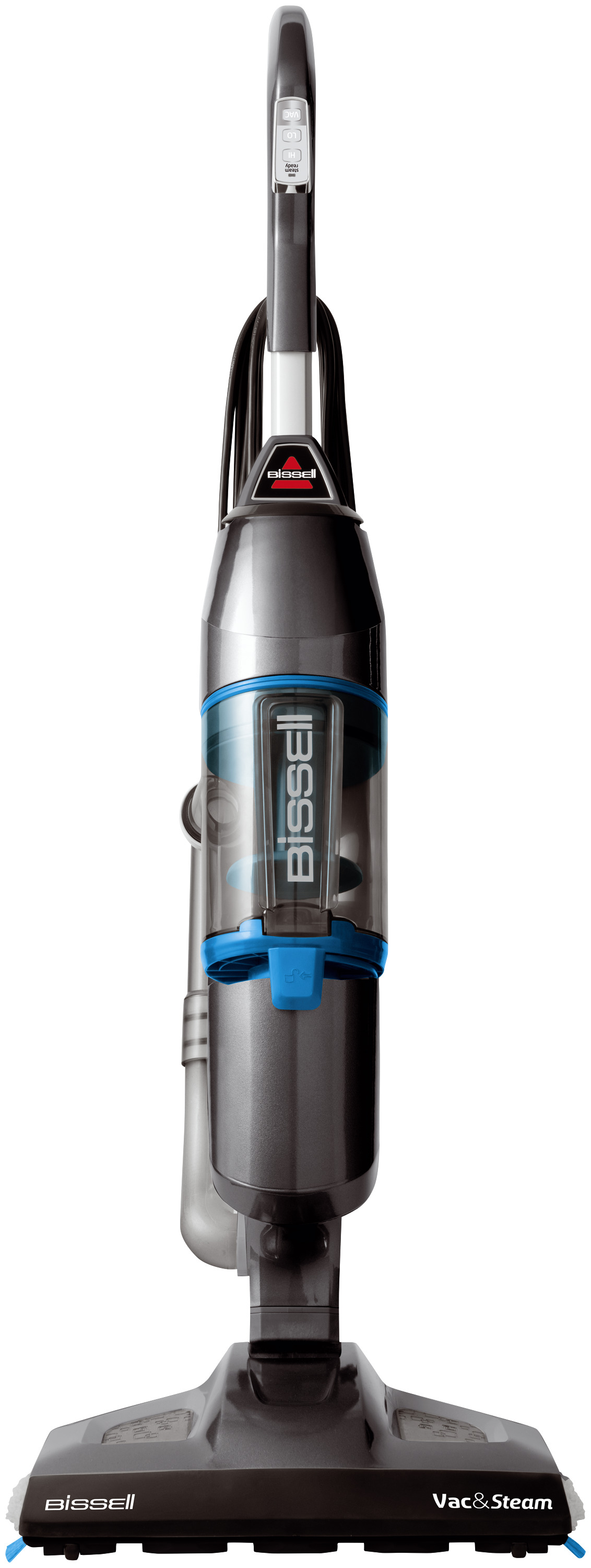 Aufrechter Staubsauger, schwarz und blau, mit Bissell-Logo und Wassertank.