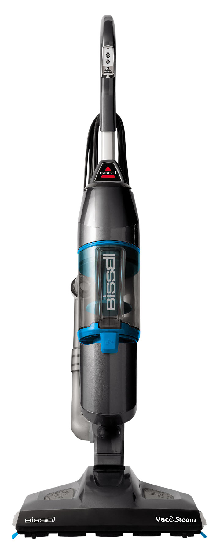 Bissell Vac & Steam Staubsauger, grau und blau, aufrechtes Design.