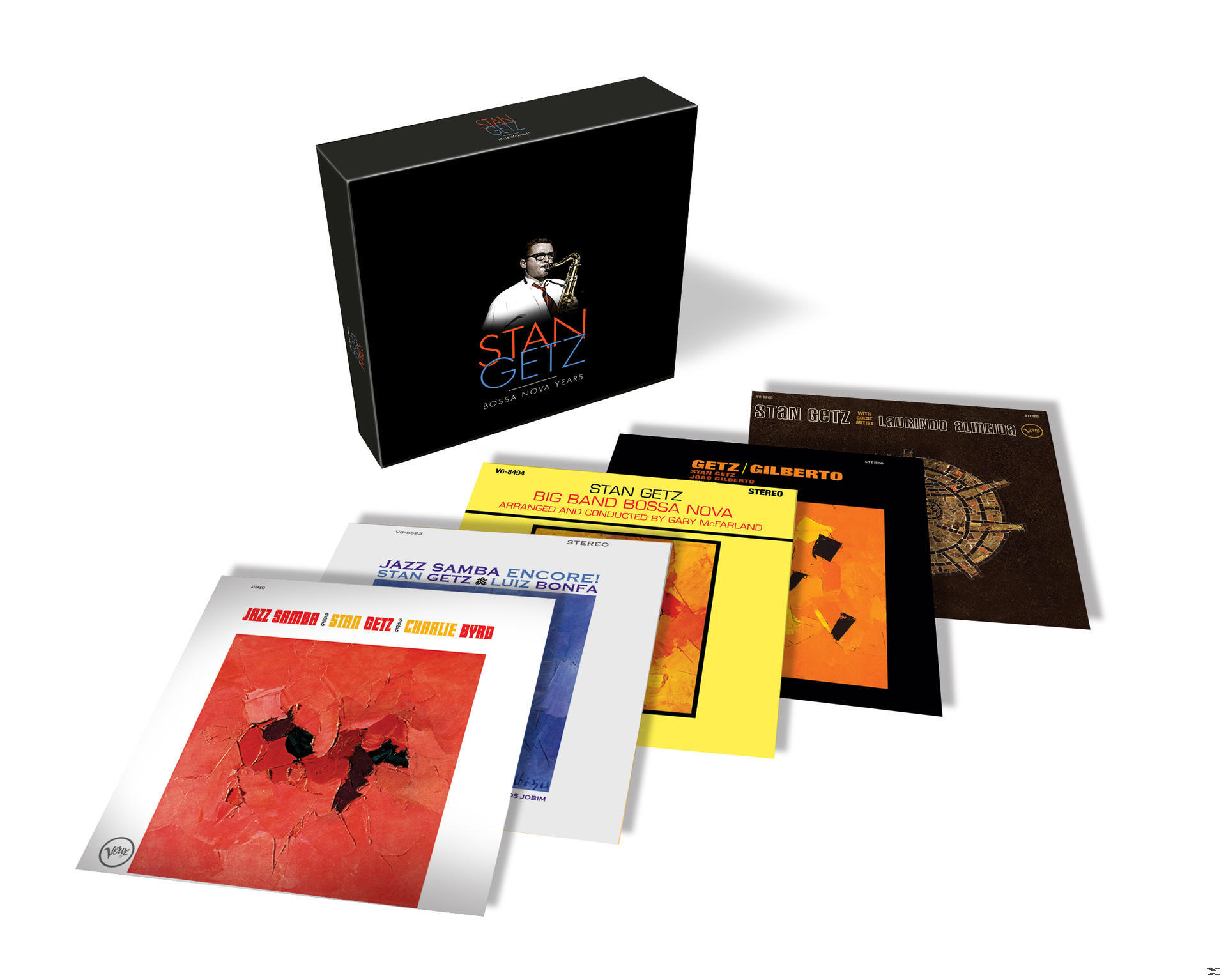 Un ensemble d'albums de jazz de Stan Getz et un coffret sont présentés sur fond blanc.