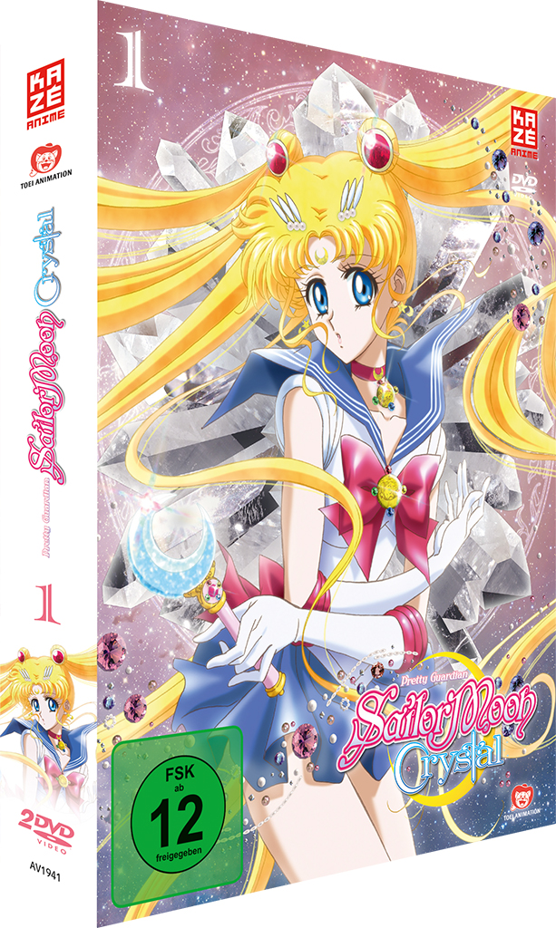 Sailor Moon Crystal DVD-Cover. Anime-Figur auf blauem und pinkem Hintergrund.