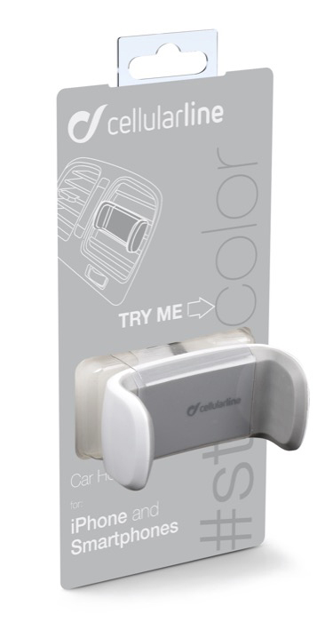 Cellularline Autotelefonhalter in Verpackung, mit einer Grafik eines Autointerieurs.