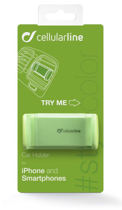 Grüne und weiße Autotelefonhalter-Verpackung. Text sagt "cellularline" und "iPhone und Smartphones".
