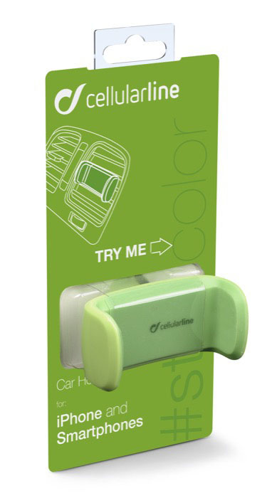 Ein grüner Autotelefonhalter in einer grün-weißen Verpackung mit dem Text 'cellularline' und #style.
