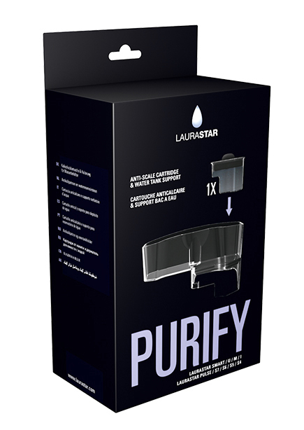 Schwarz-weiße Box mit dem Wort PURIFY. Enthält einen durchsichtigen Wasserfilter aus Kunststoff.