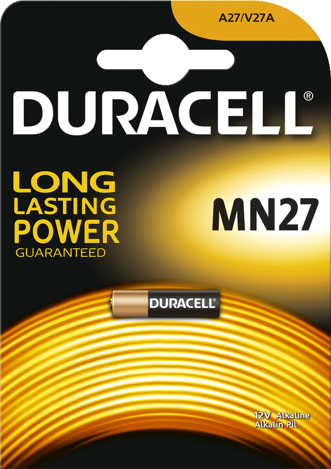 Duracell MN27 battery package with gold and black colors. Contains one battery.