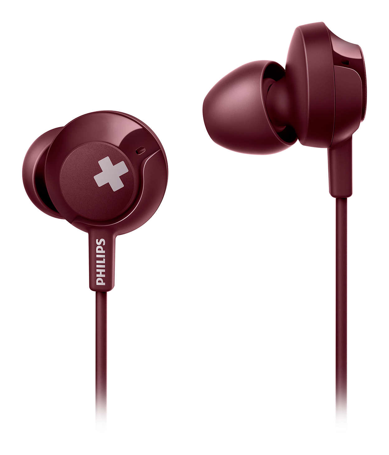 Burgonya rengi Philips kulak içi kulaklıklar. Kulaklıklarda çarpı logosu var. Kablo bordo renginde.