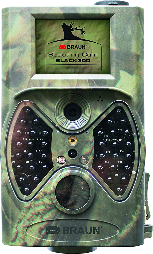 Caméra Braun Scouting Cam camouflage. Caméra noire avec écran. Couleurs grises et vertes. Logo cerf.