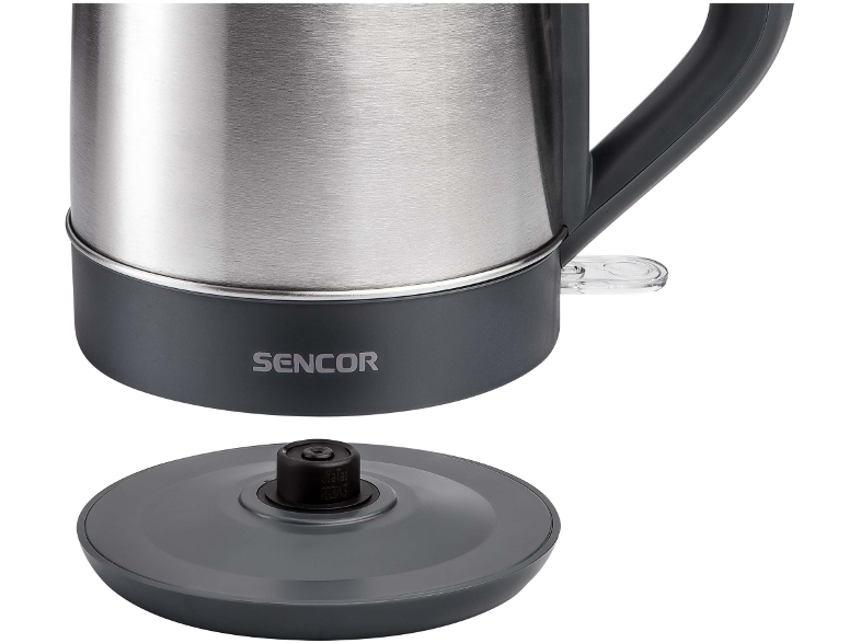 Rozsdamentes acél és sötétszürke elektromos vízforraló, leválasztott alappal.
