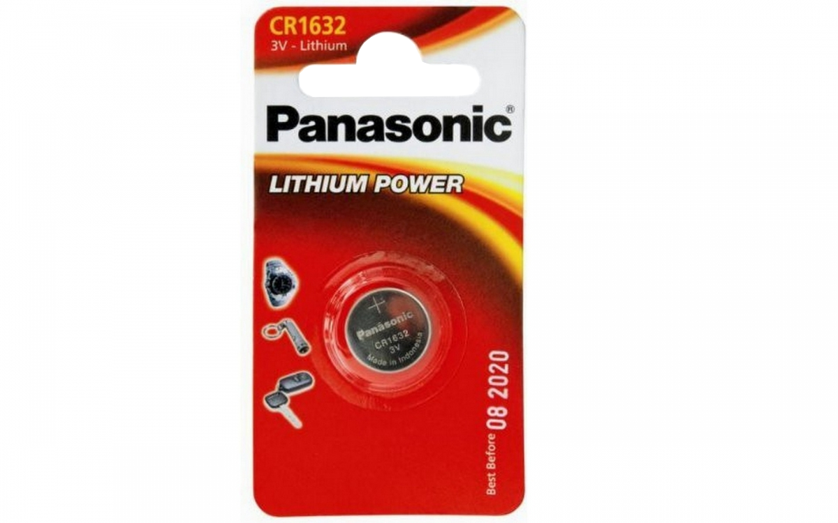 Pile Panasonic CR1632 en blister. Fond rouge et jaune. Contient une pile, une clé et une clé de voiture.