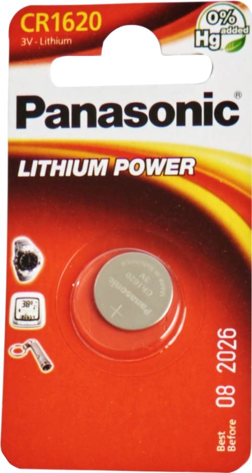 Een batterijverpakking met een kleine batterijcel, tekst en merkinformatie.