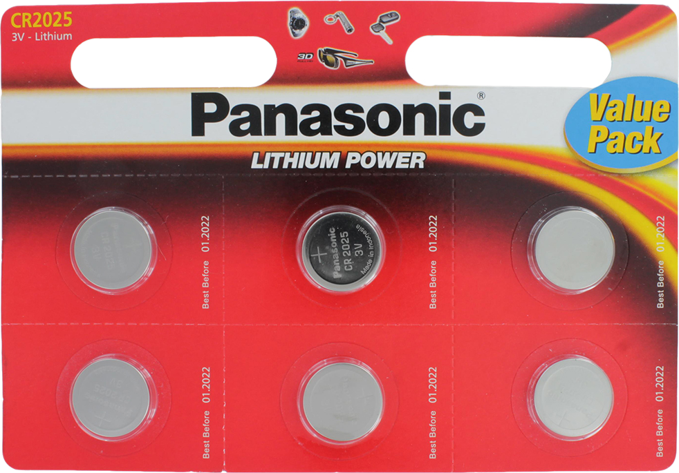 Pack de piles : Six piles Panasonic CR2025 en blister, étiquette 'Value Pack'.