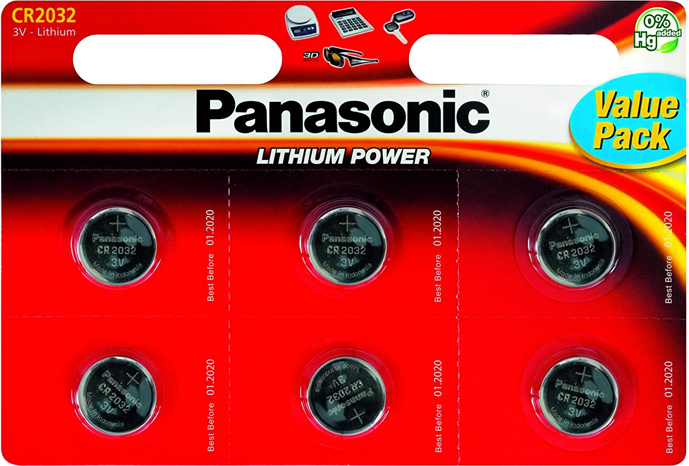 Pack de piles Panasonic CR2032. Fond rouge, 6 piles en blister. Comprend un pack économique et une étiquette 0% Hg.