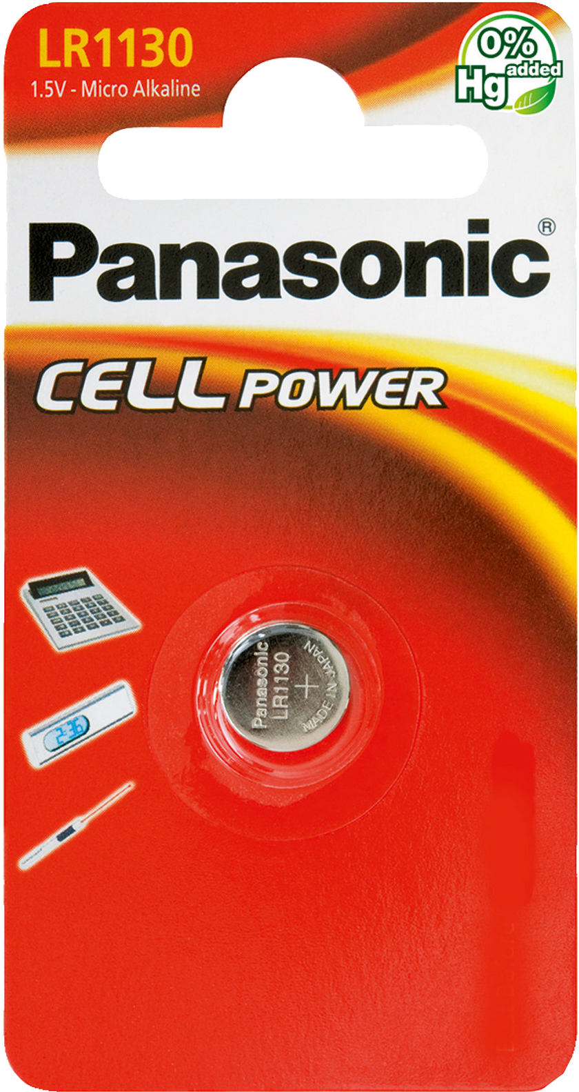 Een rood-wit Panasonic batterijpakket met een knoopcelbatterij.