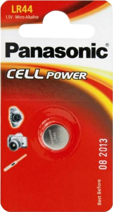Batterijverpakking. Kleine ronde batterij in een rode verpakking. Bevat afbeeldingen van apparaten.