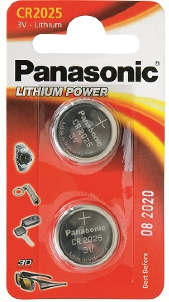 Twee Panasonic CR2025 batterijen in een rood-witte verpakking. Diverse kleine items zijn afgebeeld eronder.