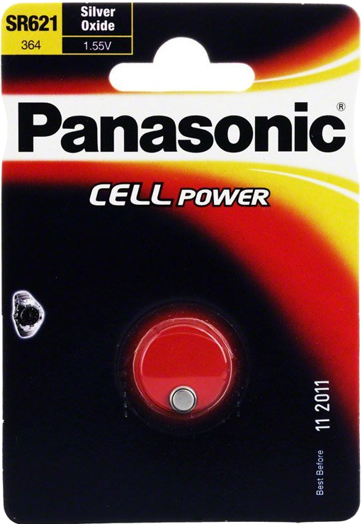 Panasonic batterijpakket, rood en zwart, met een zilveroxide batterij.