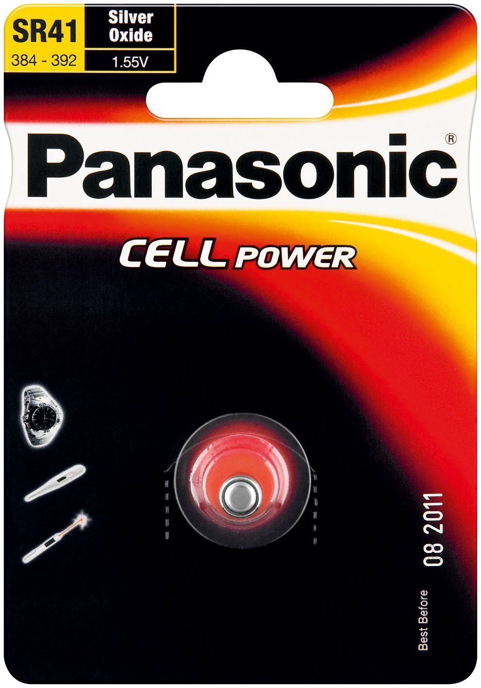 Panasonic SR41 Cell Power batterijverpakking, rood en zwart, met een zilveren batterij.
