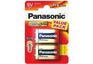Paquet de piles alcalines Panasonic 9V. Deux piles dans un emballage rouge et blanc.