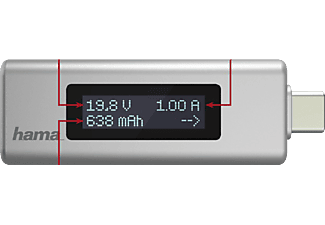 HAMA hama Écran USB-C - Avec affichage de la tension, de l’intensité et du niveau - Argent - Amperometro (Argento)