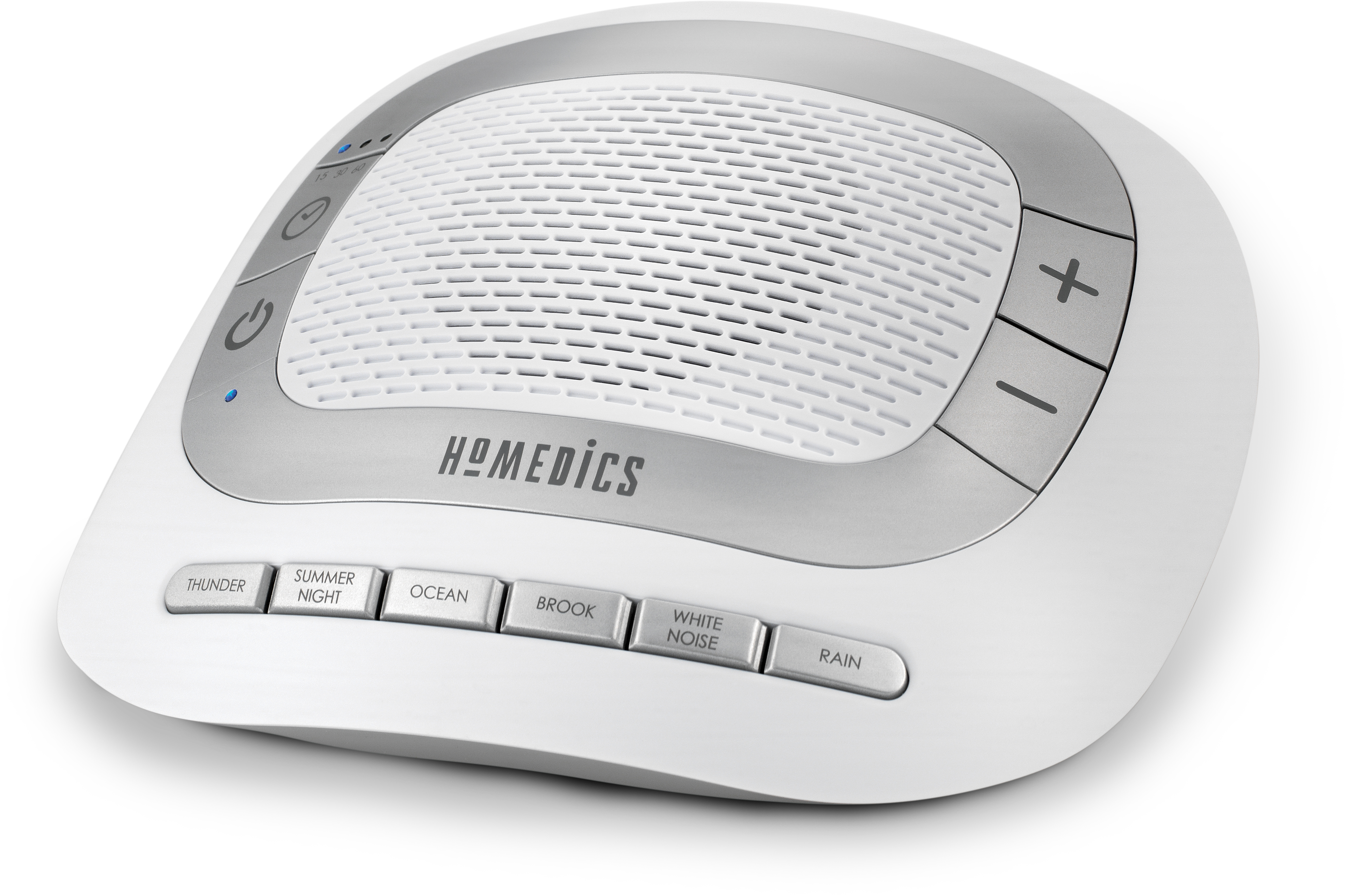 Witte Homedics geluidsmachine. Zilveren knoppen en luidsprekerrooster. Inclusief oceaan geluiden.