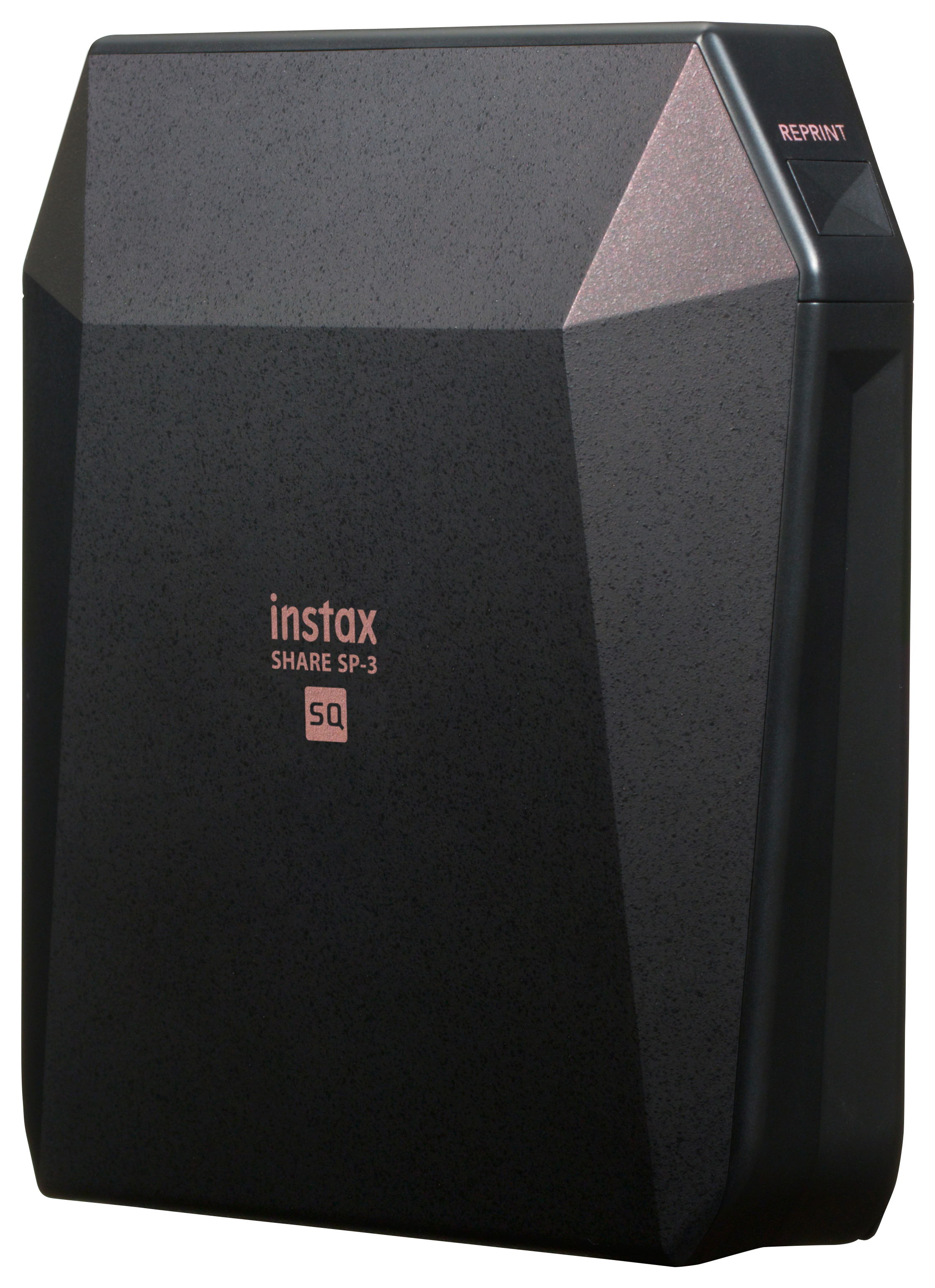 Schwarzer Instax SP-3 Drucker. Es hat ein roségoldenes Instax-Logo. Die Nachdrucktaste ist sichtbar.