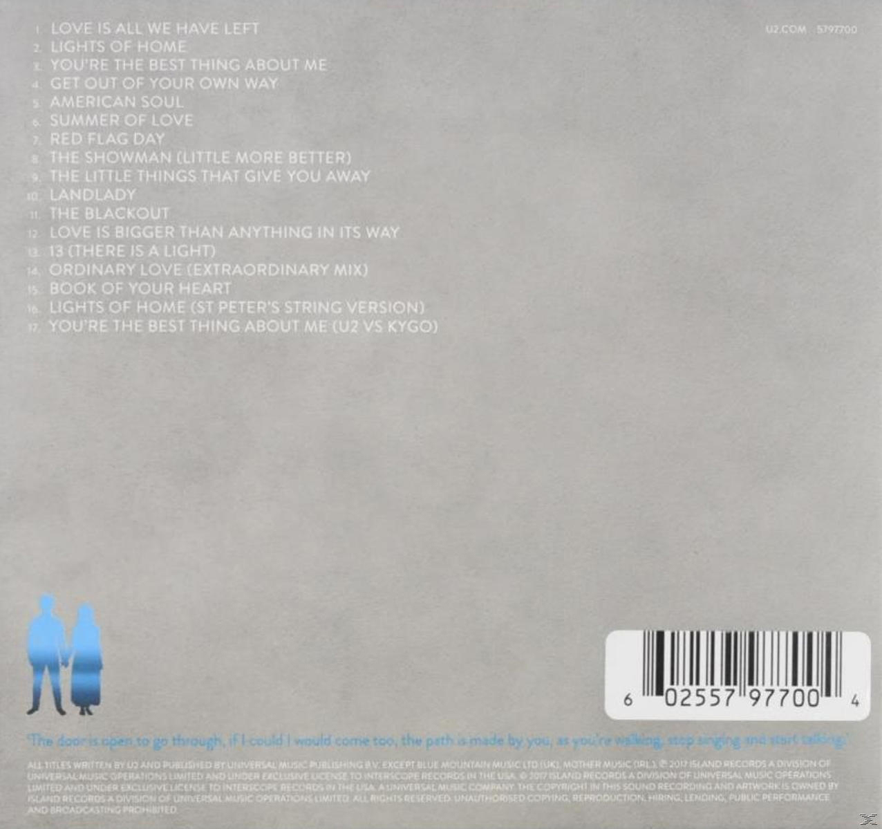 Die Rückseite eines U2-Albumcovers. Es hat eine Titelliste, einen Barcode und etwas Text über das Werk.