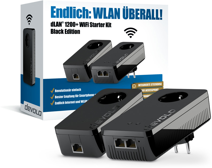 DEVOLO DLAN 1200+ WiFi Black Starter Kit Powerline Adapter 1200 Mbit/s Kabellos und Kabelgebunden