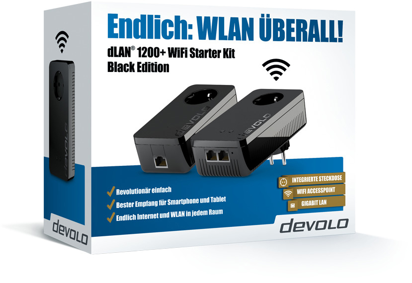 DEVOLO DLAN 1200+ WiFi Black Starter Kit Powerline Adapter 1200 Mbit/s Kabellos und Kabelgebunden