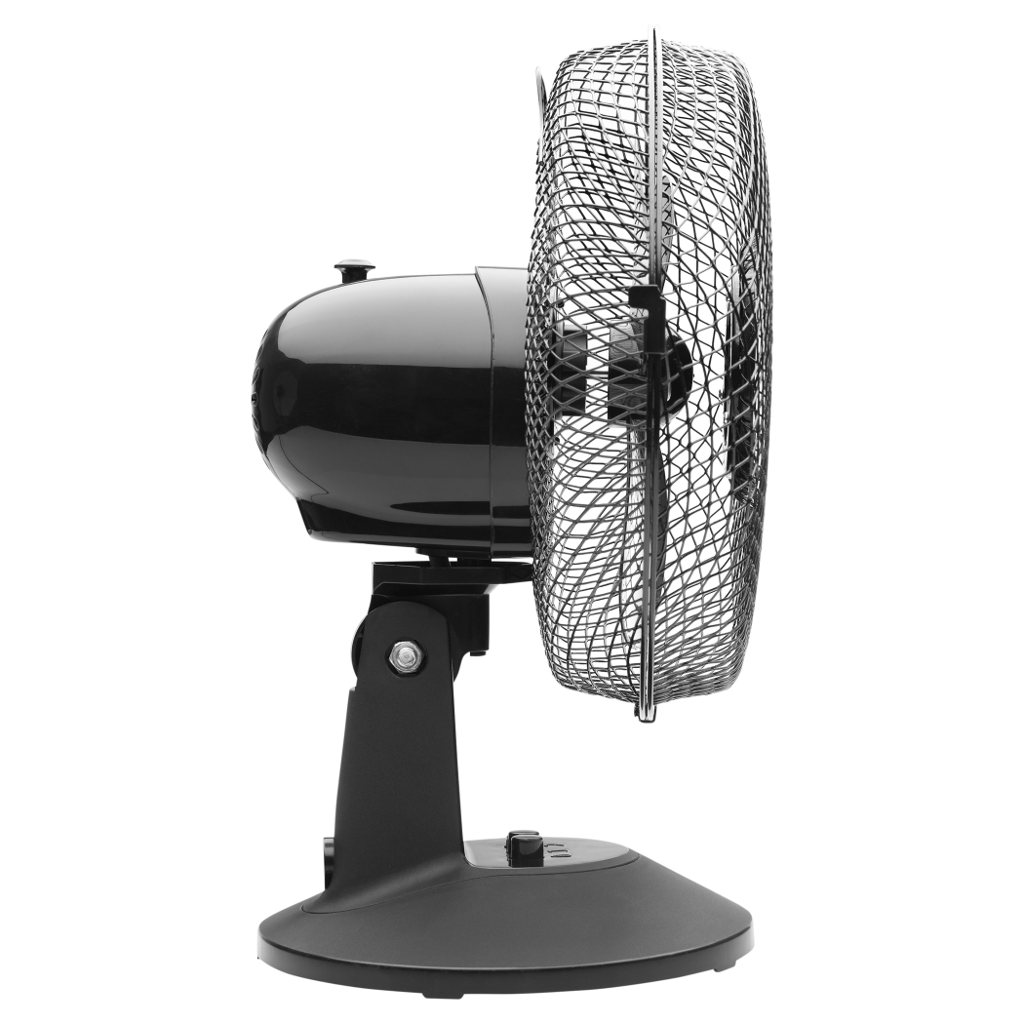 Fekete ventilátor oldalnézetből. Kör alakú ketrec és fekete talp van rajta.