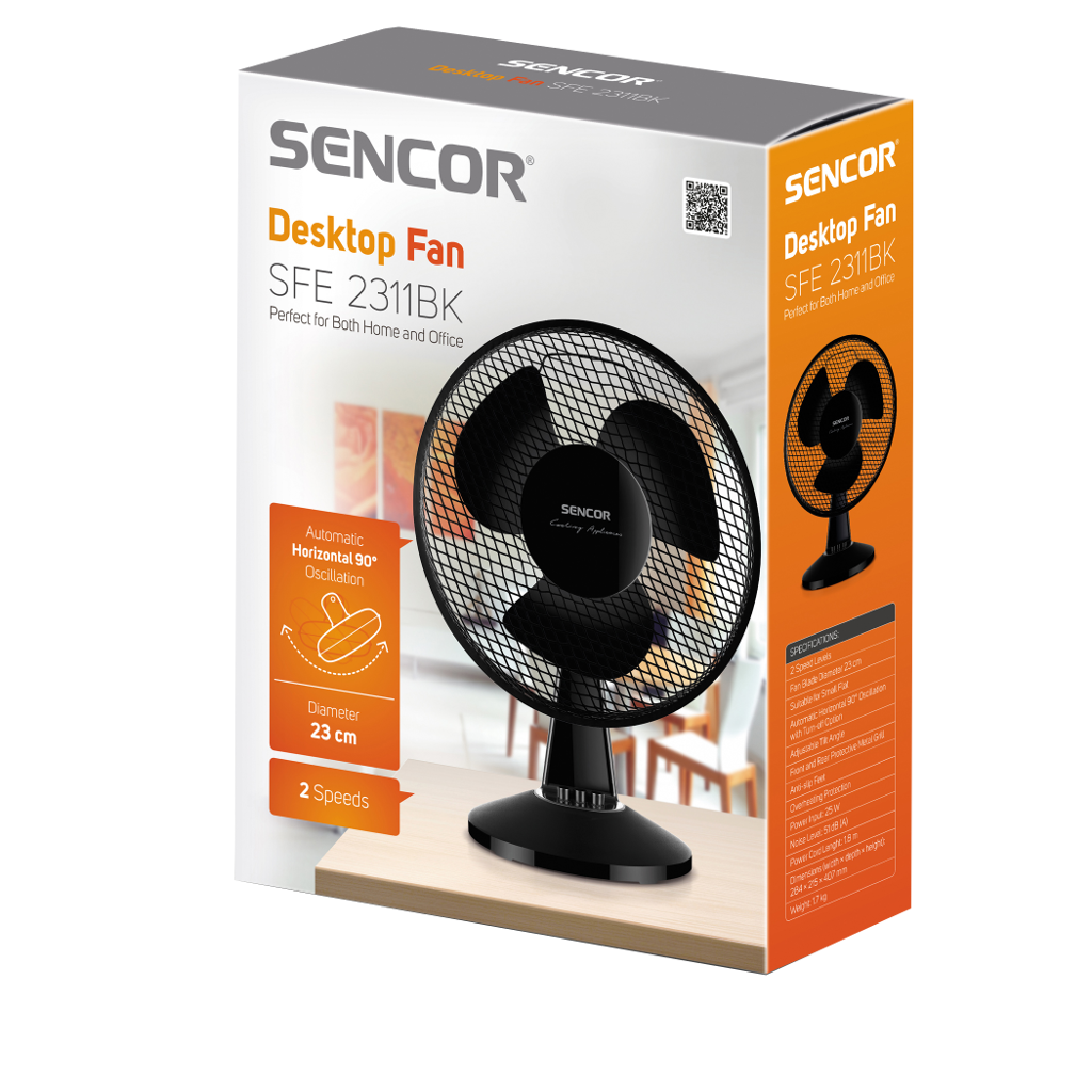 Doboz egy fekete asztali ventilátorhoz, rácsvédővel, SENCOR márka, a termékinformációk láthatók.