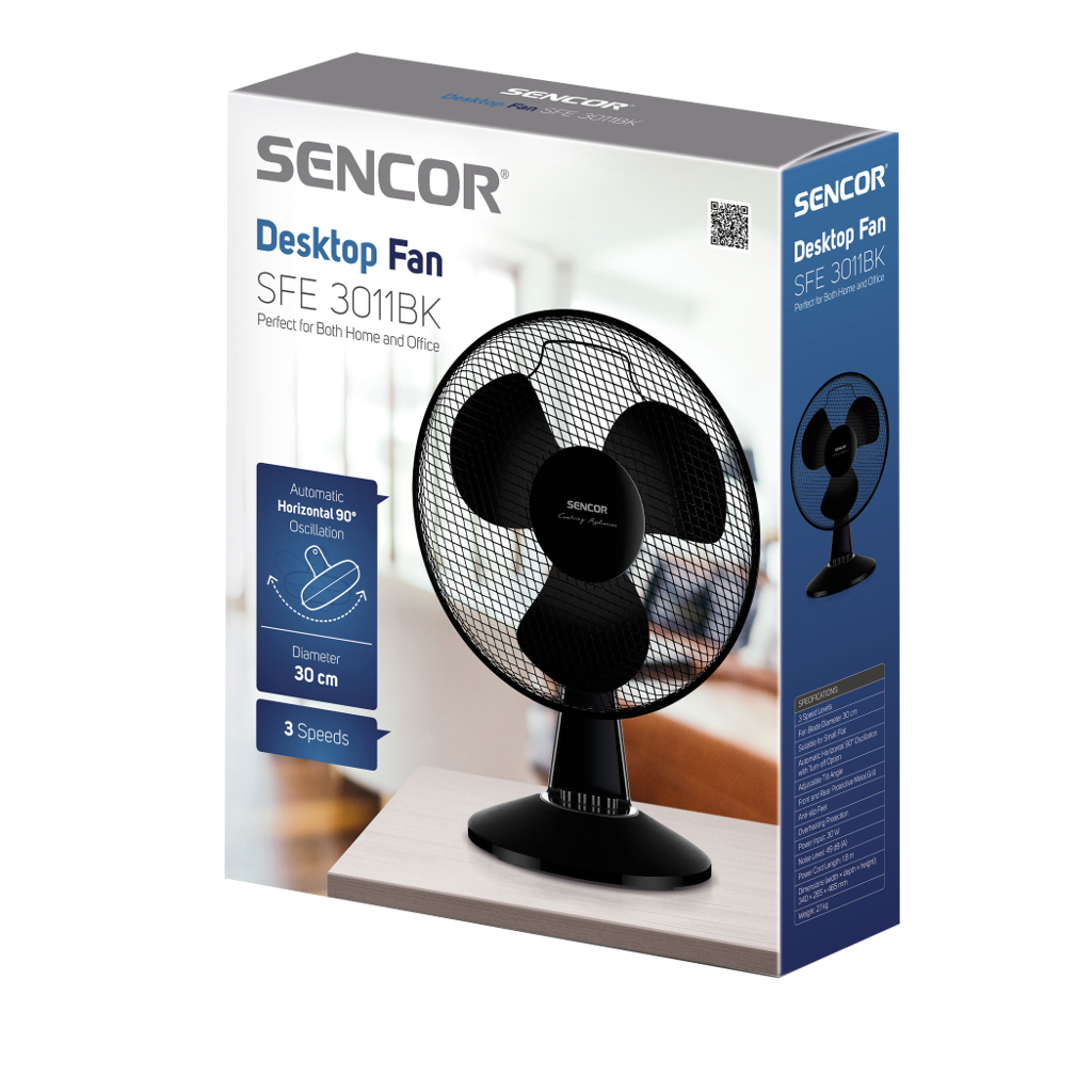 Sencor asztali ventilátor doboz. A doboz egy fekete ventilátort mutat, a Sencor logóval.