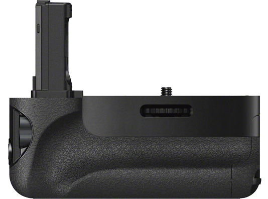 A black camera battery grip with a battery and a screw.