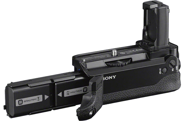 A black camera grip for Sony cameras, placed on a white background.