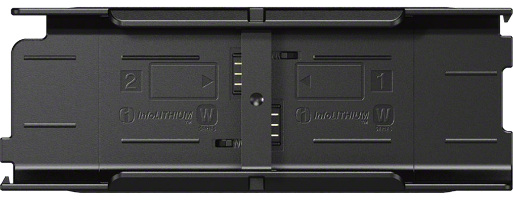 Black battery charger with two slots, labeled 1 and 2, for inserting batteries, top view.