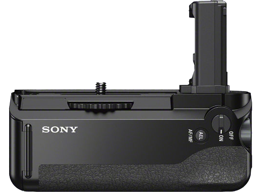 Black camera grip with battery compartment. Sony logo, AF/MF and On/Off switches are visible.