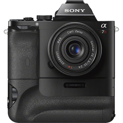 Black Sony camera with lens, grip, and text details.