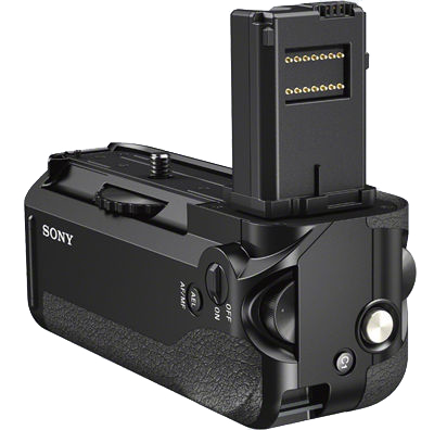 Black Sony camera grip with buttons, dials, and a battery slot. White background, top view.